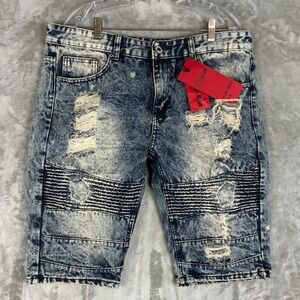 Trillnation Mens Blue Acid Wash Moto Distressed Denim Shorts Size 36 TNS56B NEW